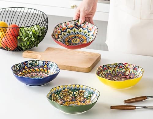 Saladier en porcelaine, Bol à Céréales de 600ml, Bol Multifonction de 4 Piece, Bols pour Salade/Fruits/Pâtes/Céréales - Style Bohème