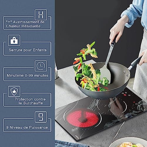 Hobsir Plaque Vitrocéramique 2 Feux, Plaque de Cuisson électrique Encastrable 29cm, Verre Céramique Texturé Marbré, 3200Watts, Commande Tactile, Zone à Double Anneau, Pas de Prise
