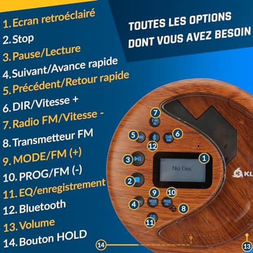 KLIM Discover Wood + Lecteur CD Portable Walkman avec Batterie Longue Durée + NOUVEAUTÉ + Ecouteurs Inclus + Radio FM + Compatible MP3 + Carte SD, Transmetteur FM, Bluetooth + Idéal pour la Voiture