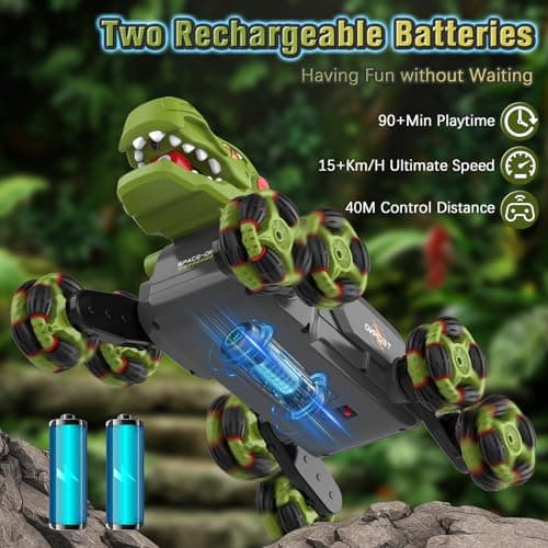Kssvzz Dinosaur Voiture Télécommandée 3 4 5 6 7 8 9 Ans, 8WD 2.4GHz Monster Truck Telecommande avec Rotation à 360°/Pulvérisation/Lumière, Jouet Enfant Garçon Jouet 3-12 Ans Voiture Enfant, Vert