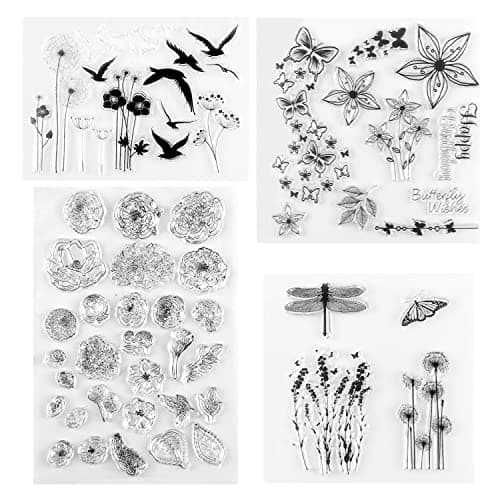 Tampons Scrapbooking Transparent Tampon Clear Oiseaux Fleur Tampon Silicone Transparents Personnalisé Stamp Tampons Scrapbooking Animaux pour Bullet Journal Album Agenda Décoration (4 Pièces)