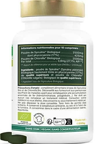 Spiruline et Chlorella BIO | 400 comprimés vegan de 500mg | 4500mg par jour | 17% Phycocyanine, Séchées à Froid | Détox, Anti-fatigue, Antioxydant | Qualité Supérieure