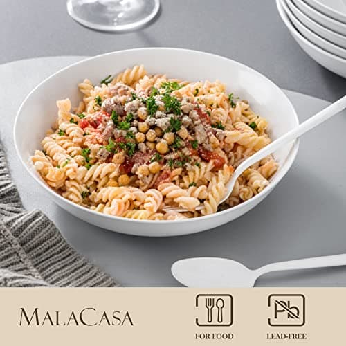 MALACASA Série REGULAR Assiettes à Pâtes en Porcelaine 1200ml, Grand Assiettes Creuses Blanches pour Salade Soupe Pâtes Macaronis, 6 Bols à Pâtes