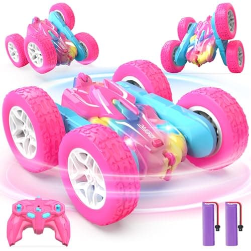 DEERC RC Voiture Telecommandé, 4WD Rose Voiture Telecommandé Enfant Fille, RC Stunt Voiture Jouet 360° Flip Rotatif et Lumière, Jouet Cadeau Fille 3-12 Ans