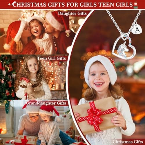 TINGN Collier de Cadeau de Licorne de Coeur pour des Fille, Collier de Licorne de Coeur Plaquée par Or Blanc 14K avec la Lettre E Cadeaux de Licorne Collier pour la Petite Fille Filles Bijoux