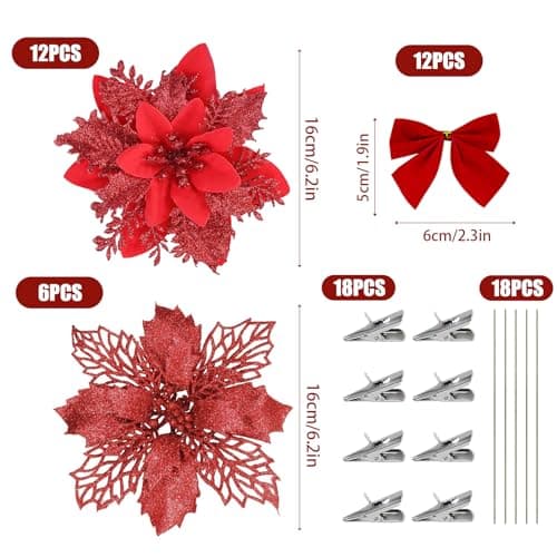 MHMondawn Lot de 18 fleurs de Noël à paillettes avec clips - 12 nœuds - Étoile de Noël - Fleurs - Décoration d'arbre de Noël (paillettes rouges)