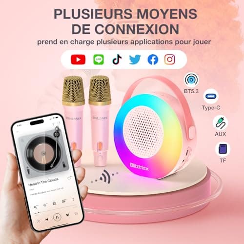 BlitzMax Micro Karaoke avec 2 Micro sans Fil, Karaoke Enfant Haut-Parleur Bluetooth Portable, Machine de Karaoké avec Lumières et Sons, Cadeau pour Enfants et Adultes, pour Fête et Voyage (Rose)