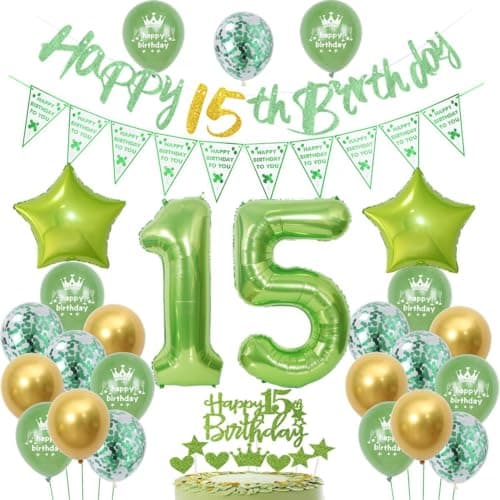 Ballon 15 ans anniversaire garçon fille,Vert 15 Ans Décorations Anniversaire,Ballons 15 ans anniversaire vert,Déco 15 ans anniversaire garçon fille,Vert sauge Décoration 15 ans anniversaire fête