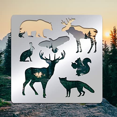 BENECREAT 15.6x15.6 cm Pochoirs en Acier Inoxydable à Motif Animal, Modèle de Peinture Réutilisable Ours Aigle Lapin Renard Pin Arbre Aigle pour Bricolage, Gravure, Scrapbooking