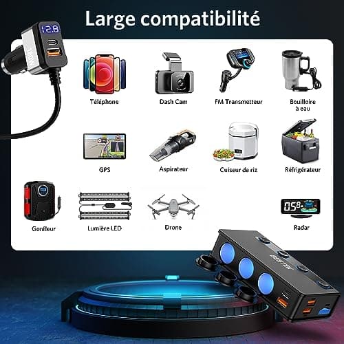 BESTEK Chargeur de Voiture 180W USB-C PD USB QC3.0, 3 Prises Adaptateur Allume Cigare USB 12V/24V avec 6 Ports USB avec Affichage LED pour iPhone Dash Cam