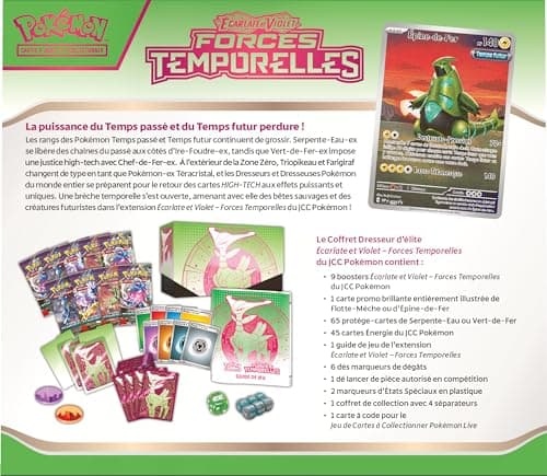 Pokémon JCC Coffret Dresseur d’élite Écarlate et Violet – Forces Temporelles – Vert-de-Fer (1 Carte Promo entièrement illustrée d’Épine-de-Fer, 9 boosters et des Accessoires de Jeu Premium)