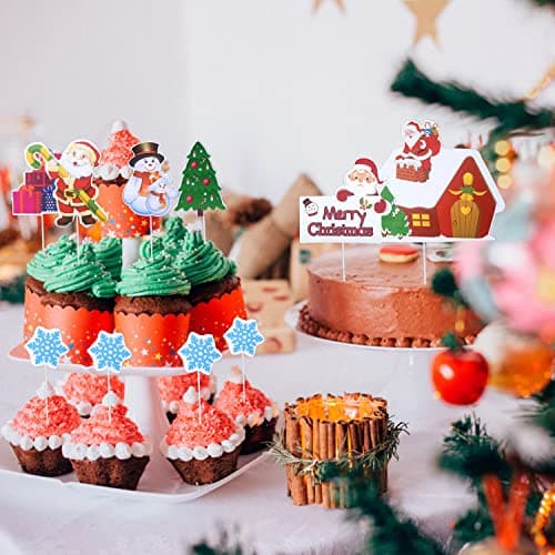 KEELYY 52 Pcs Noël Cupcake Toppers Picks Decoration Gateau de Noel Joyeux Noël Flocons de Neige Drap Cure-Dents pour Décorer Dessert Muffin Gâteau de Noël Fête