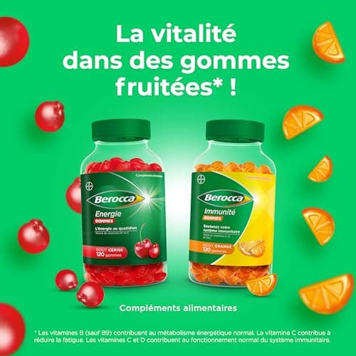 Berocca® Energie gommes - Multivitamines Complément alimentaire - Source de vitamines B* et vitamine C - Réduction de la fatigue, donne de l'énergie au quotidien - Goût Cerise - 3x60 gommes