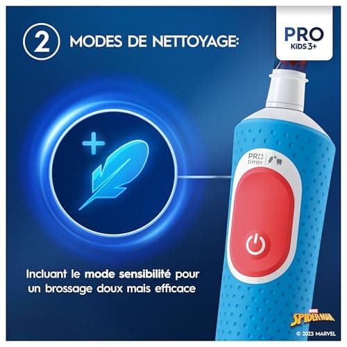 Oral-B Pro Kids Brosse à Dents Électrique Enfant, Spider-Man Marvel, Brossette Ronde Pour Petites Bouches Et Douce Pour Des Gencives Sensibles, 1 Chargeur, 1 Étui De Voyage, 1 Embout, 3 Ans Et Plus