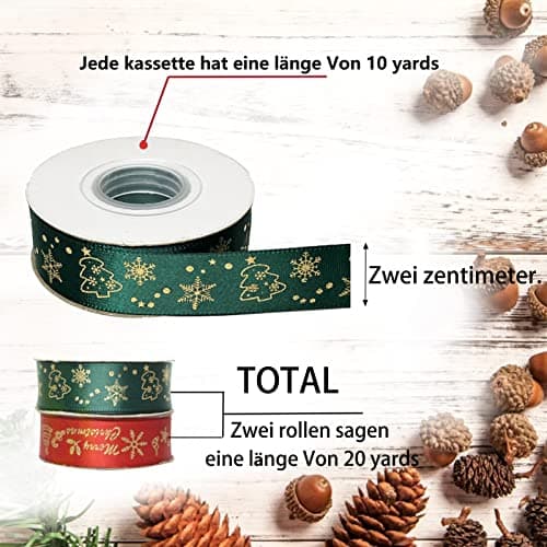 20 Yards Ruban Noel, 2 Rouleaux Ruban de Noel Vert/Rouge, Ruban Cadeau de Noël, 20mm de Large Avec Motif de Noël Pour Emballer Les Cadeaux de Noël (10 Yards/Rouleaux)
