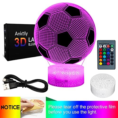 Football Veilleuse LED 3D Lampe Optique Illusion Veilleuse Enfant Lampe de Nuit pour Chambre Chevet Table avec 16 Couleurs et Télécommande Cadeau de Football pour Garçons Filles(Base Fissurée)