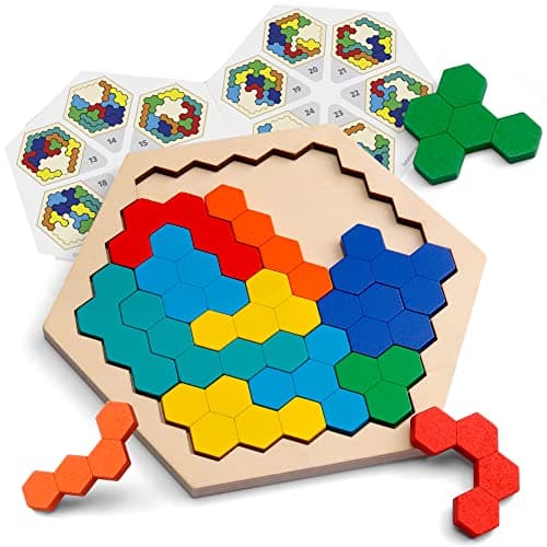 Coogam en Bois Hexagone Puzzle - Forme Bloc Tangram Casse-tête Jouet Géométrie Logique IQ Jeu STEM Montessori Cadeau Éducatif pour Tous Les Ages Défi