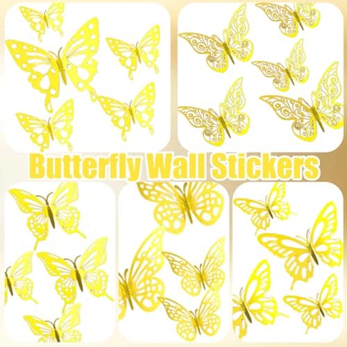 60 Pièces Papillon Décorations,Stickers Muraux de Papillons 3D,Autocollants muraux de Papillons Doré Pour Chambre,Salon,Gâteau,fête,mariage