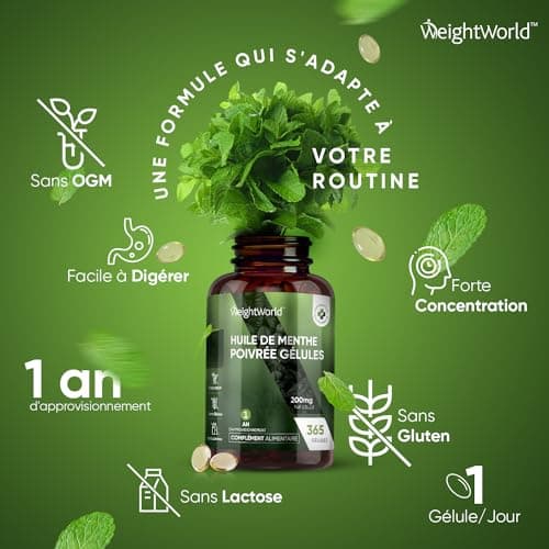 Huile De Menthe Poivrée 200mg 365 Gélules - Forte Absorption & Douce Pour l'Estomac - Gélules Multi Usages À Action Rapide Huile Essentielle de Menthe Poivrée, Pure & Naturelle - Confort & Bien-Être