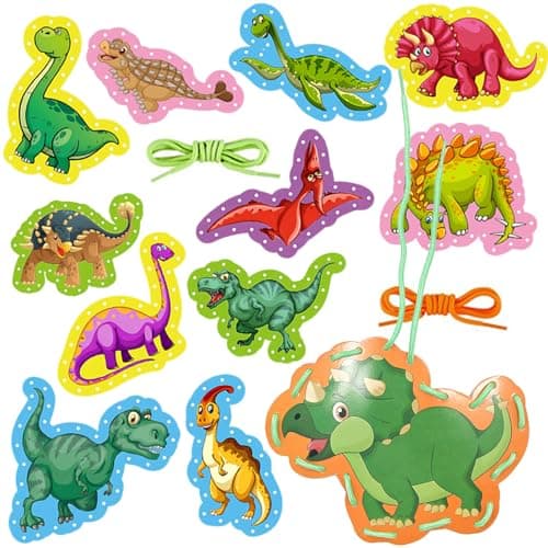 Lot de 12 Jouets à Corder, Cartes à Coudre Double Face Dinosaures, Cartes à Lacer Enfant, Jouets à Corder Éducatifs, Jeux de LaçAge pour les Enfants, pour Garçon Fille Cadeau