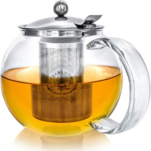 Teabloom Théière en verre compatible avec la cuisinière avec infuseur amovible (1200 ml) et quatre tasses en verre à double paroi (150 ml) – Service à thé Classica
