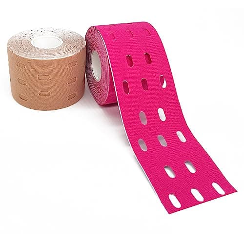 2 Rouleaux Bande Kinesiologie - Perforée Bande Muscle Sport Strap Bandage Autoadhésif Etanche Elastique Kinesiotape Bodytape 5 cm x 5 m Rouge Beige