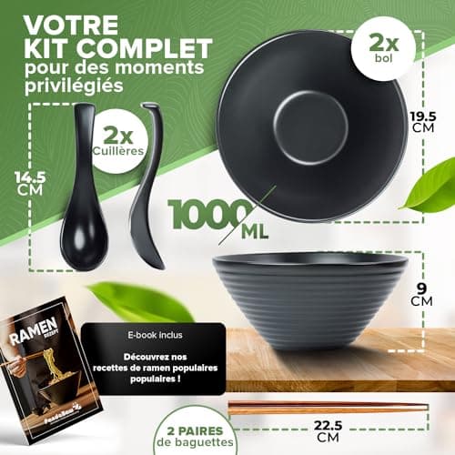 PandaBaw 2x Bol Ramen Japonais 1000ml [CERAMIQUE] - Set de Bol a Ramen de Haute Qualité - Japanese Ramen Bowl Set - Vaisselle Japonaise Traditionnelle avec Bol Soupe, Cuillère, Baguettes [+RECETTES]