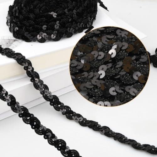 15m Ruban à Paillettes Plates, 1.5cm Noir Sequin Ruban Garniture, 6 mm Ruban Sequin pour Embellissements, Rouleaux de Paillettes Sequins pour Loisirs Créatifs