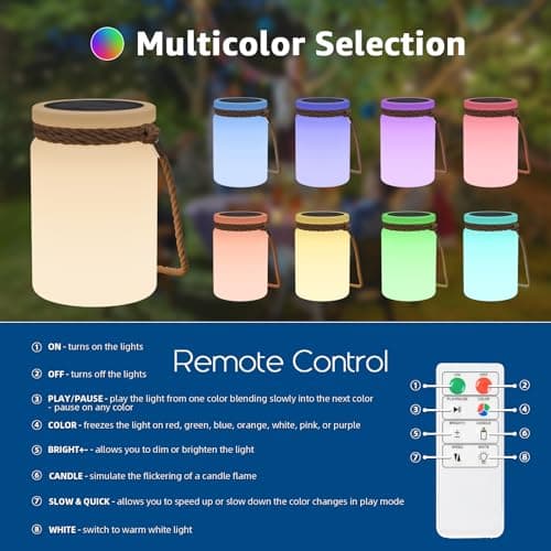 RWWR Lampe de Table Solaire LED 8 Couleurs Lampe de Table Exterieur sans fil avec remote Dimmable 2 in1 Rechargeable Lampe de Table Pile IP44 Pour Balcon Jardin Terrasse camping (A)