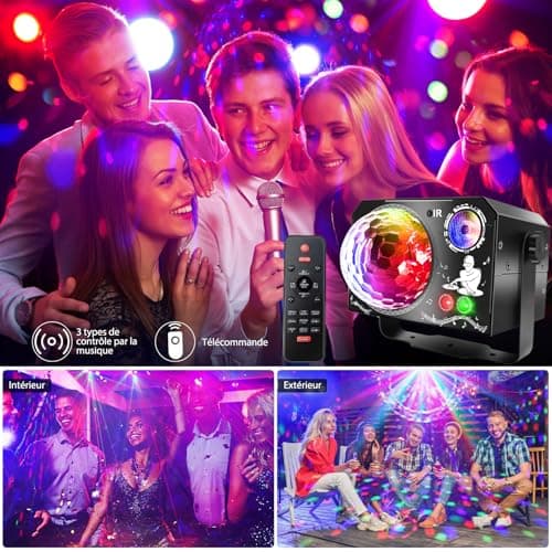 Lampe de Scène 4 en 1, Fwiull Lumière Disco avec Télécommande et Stroboscope, 65 Effets Lumineux RGB UV, USB Lumineux Boule Disco Musique Commande Vocale, Idéal Lumiere pour Soirée, Fête, Karaoké,Noël