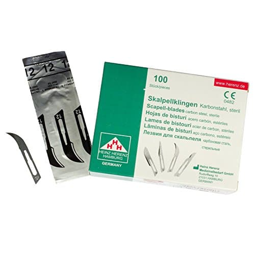 Set avec 100 x lames de scalpel N° 12 - Lame stérile en acier au carbone et 1 x May - manche de scalpel Figure N°3 avec manche rond en acier inoxydable