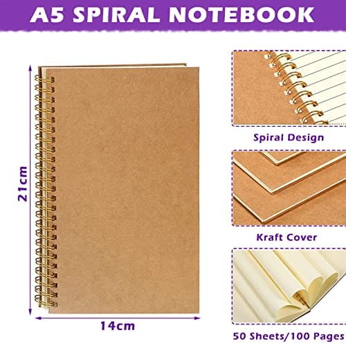 PALUDO Lot de 5 A5 Cahiers à Spirales Vierge Classique, Bloc-Notes de Couverture Kraft 100 Pages / 50 Feuiles, Carnet de Notes A5 Notebook Cahier de Note Carnet Dessin pour Voyage École Bureau