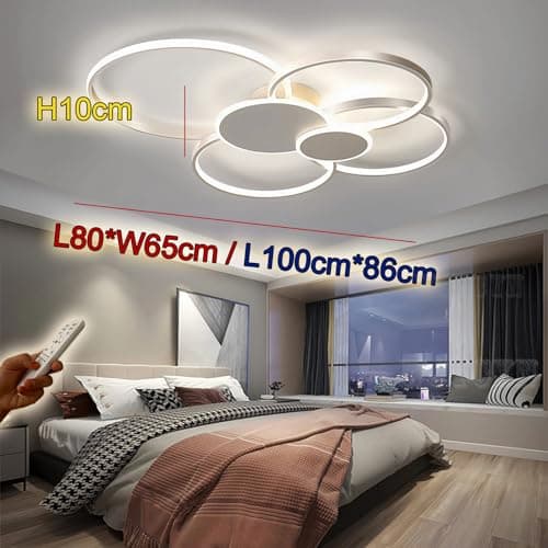 WJYCYN Dimmable Grand salon lampe LED 6 anneau Blanc plafonnier Luminaires de chambre modernes avec télécommandes éclairage de plafond métal acrylique bureau salle à manger 6 Lumières L80cm 70W