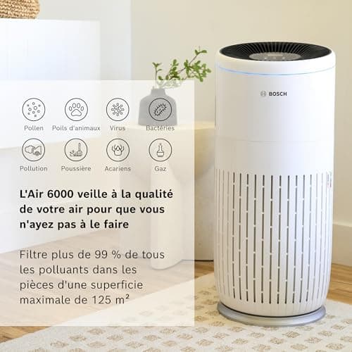 Bosch Air 6000 Purificateur d'air - Élimine les Polluants, Avec un Filtre à Air et un Mode Sommeil (< 25 dB(A)) - Pour jusqu'à 125 m2 - Avec Capteur Intelligent et Mode Automatique - CADR : 600 m3/h