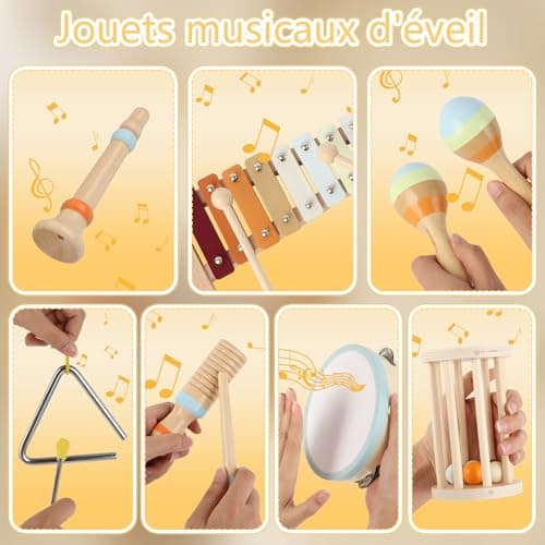 Joellfuner Instrument de Musique Bebe, Jouets Musicaux en Bois avec Xylophone, Triangle et Autre Instrument, 10 PCS Instruments Montessori, Bébé Batteries et Percussions Plus de 3+ Ans
