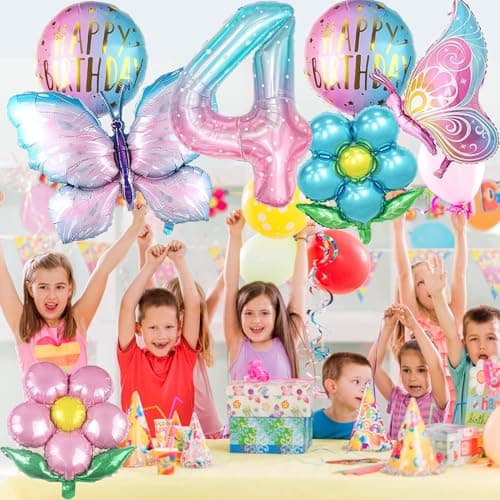 Ballons Anniversaire Fille, 7 Pièces Ballon Aluminium Féerique Ballon Papillon Ballon Fleur, pour Anniversaires de Filles, Baby Shower, Photographie, Articles de Fête (4 Ans)