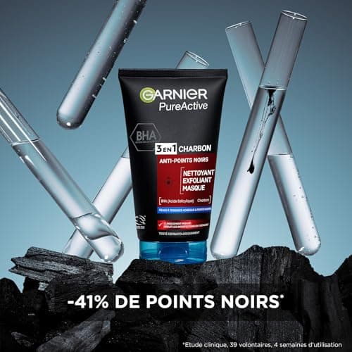 Garnier Pure Active - Nettoyant 3 En 1 - Nettoyant, Exfoliant, Masque - Réduit Les Points Noirs & Prévient Leur Apparition - BHA & Charbon - Vegan & Cruelty Free - Peau Mixtes à Grasses - 150 ml