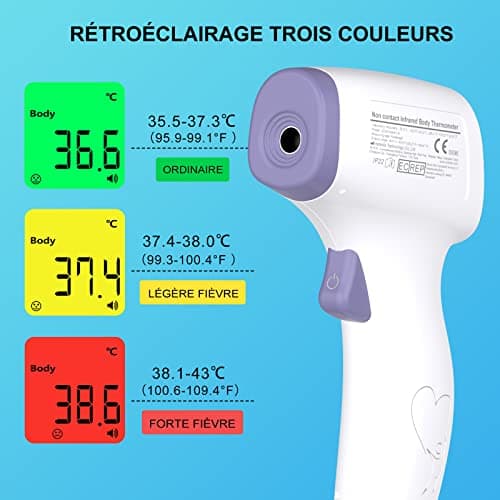 Thermomètre Frontal Adulte, Thermometre Infrarouge pour Enfant, Thermometre Numérique sans contact, Écran LCD, Fonction Mémoire, Mode Objet et Corps, Alerte Fièvre, Mesures Rapides et Précises