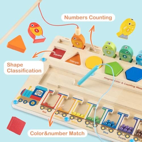 3-1 Jouets Montessori Multifonctionnel pour Enfants 2 3 4 5 Ans, Labyrinthe Magnétique de Couleur Nombre & Jeu de Pêche , Plateau d'Activités en Bois pour Garçons Filles, Cadeau Anniversaire Noël