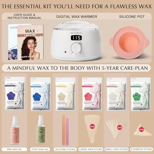 KOTAMU Chauffe Cire Kit de Cire pour Femmes et Hommes, Chauffe Cire Epilation Professionnel pour Poils Épais, Fins et Peau Sensible, Pot à Cire Numérique avec 44 Accessoires pour Maison et Salon