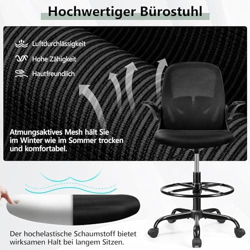 Primy Chaise de bureau ergonomique, réglable en hauteur, avec accoudoirs rabattables et support lombaire réglable avec anneau de repose-pieds, chaise familiale pivotante (noir)