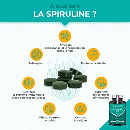 Spiruline BIO - Sans Excipients & OGM - 19% de Phycocyanine - Riche en Protéines, Fer & Antioxydants - Nutrimea - 540 Comprimés Vegan de 500 mg - 6 Mois de Cure - Fabriqué en France