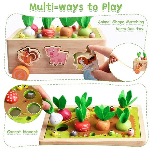 Achiyway Jouet Bebe 1 an, Jeux Enfant 1 2 3 Ans Garcon Fille 8 in 1 Jouet en Bois Montessori with Jeu de Peche, Reconnaître Animaux Légumes Formes, Cadeau Enfant (Voiture des Animaux)