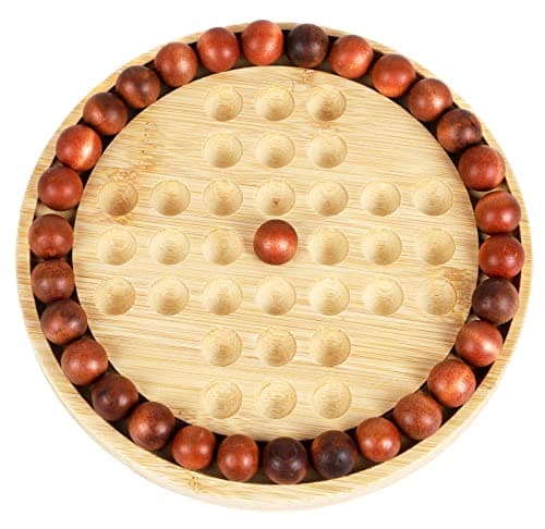 Jeu de solitaire en bois TOWO - Jouet de puzzle de-Jeu de société classique de jeu d'esprit à billes- Plateau rond de 19.5 cm (7,7") avec des billes en bois - Jeu de réflexion à un joueur - Casse-tête