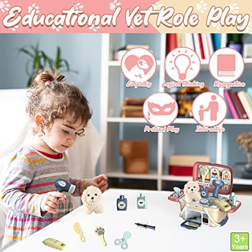 STAY GENT Jouet Veterinaire Enfant, 23 Pièces Malette Docteur avec Chien en Peluche & Transporte pour Nourrir et Soigner, Kit Veterinaire Jeu de Rôle Cadeau pour Jouet Garçons Filles 2 3 4 5 6 7 Ans