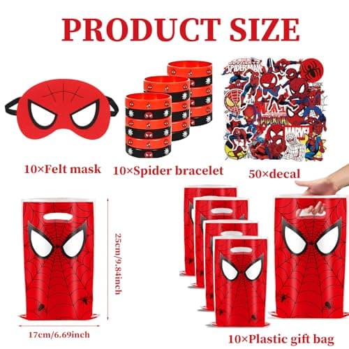 Gxhong Spiderman Cadeaux Fête, 10 Sacs Cadeaux Spiderman, 10 Bracelets Silicone Spiderman, 10 Masques Feutre, 50 Autocollants, für Garçons Filles Spiderman Thème Party Cadeaux