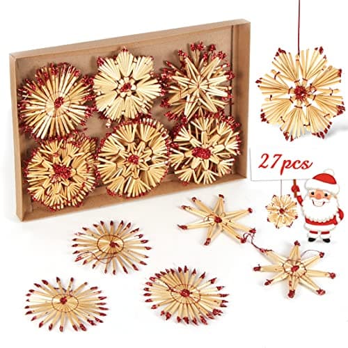 Bluelves Decoration Sapin Noel, 27pcs Decoration Sapin en Paille, Ornement d'arbre de Noël Paille, Pendentif Arbre de Noël Paille, Naturelle Suspension en Paille pour Deco Sapin Noël