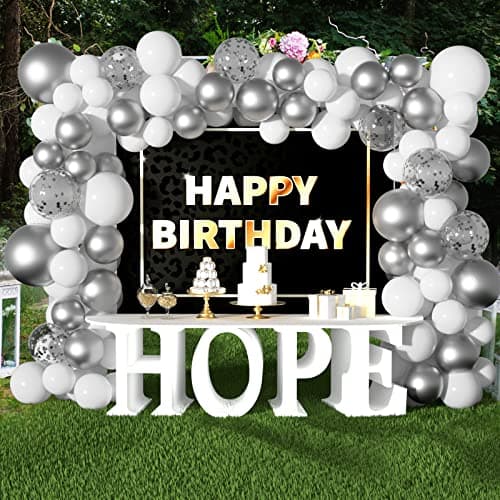 CHRORINE Lot de 50 ballons blancs argentés de 30,5 cm avec rubans à confettis pour anniversaire, fête prénatale, mariage, remise de diplôme, décoration de fête