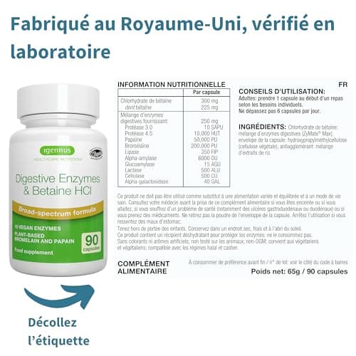 Enzymes Digestives & Bétaïne HCl, 90 Capsules, Complexe Avancée de 10 Enzymes Digestives compris Bromélaïne, Papaïne, Lactase, Lipase, Formule Pure et 100% Végétale - par Igennus