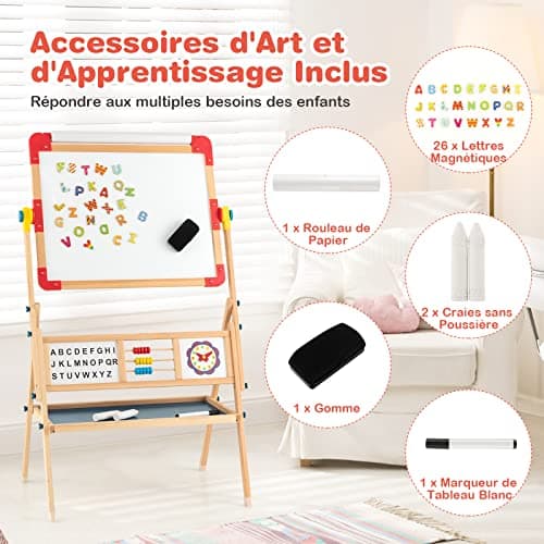 DREAMADE Chevalet d’Art pour Enfants, Chevalet en Bois Double Face Réglable avec Tableau Blanc Magnétique & Tableau Noir, Rouleau de Papier Bonus et Aimants en Lettres, Planche à Dessin Debout